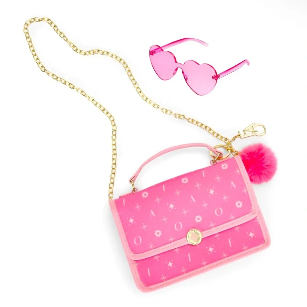 FAO SCHWARZ Pink bag with pompom keychain and sunglasses NWT